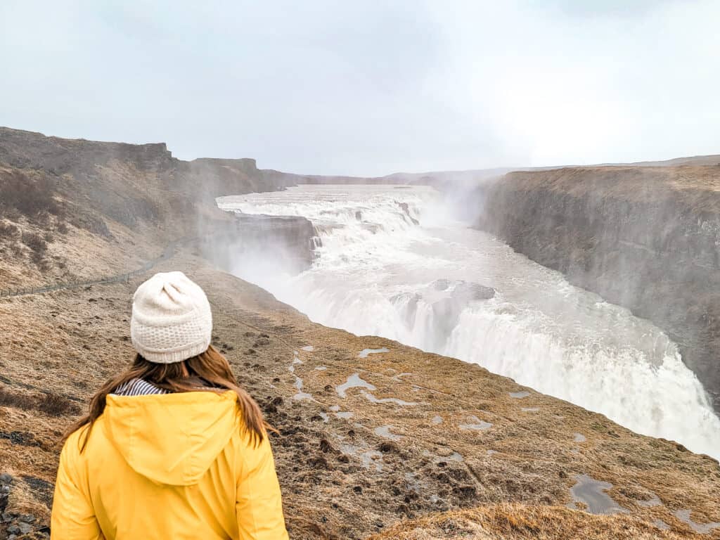 A waterfall goes down multiple layers.