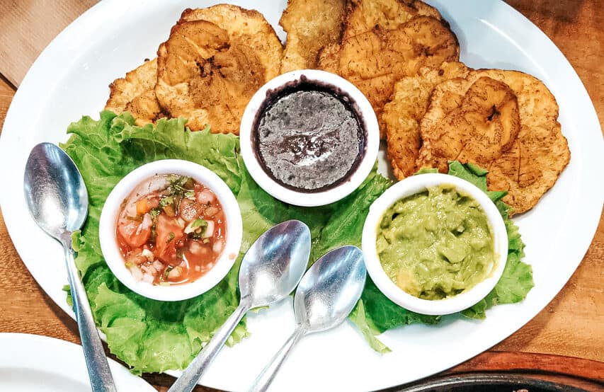 A plate of food is shown. At the top of the plate are patacones - fried plantain chips. There is also three small dishes holding pico de gallo, bean spread, and guacamole.