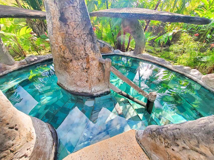 A small, manmade hot springs pool is surrounded by lush vegetation.