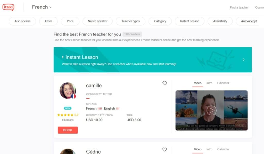 A screenshot of the italki website, including a list of teachers and different drop down menus to sort teachers.