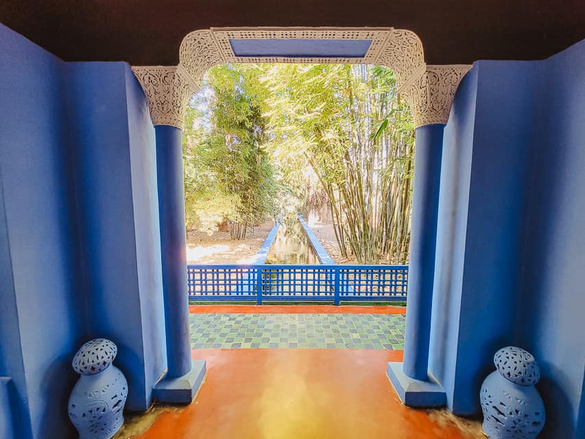 Blue buildings and greenery in the Jardin Majorelle.