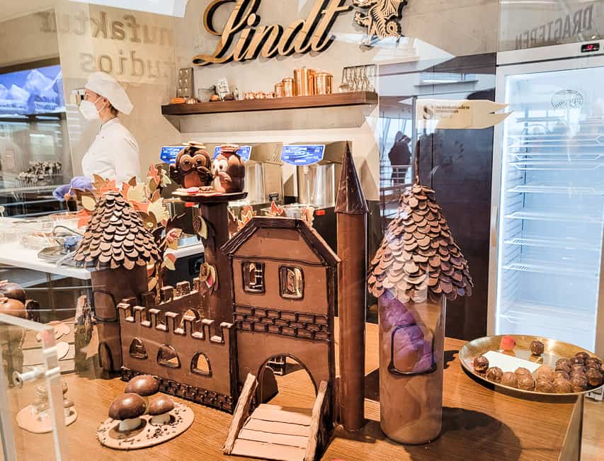 A display of a chocolate castle being prepared in the kitchen of the Chocolate Museum in Cologne.