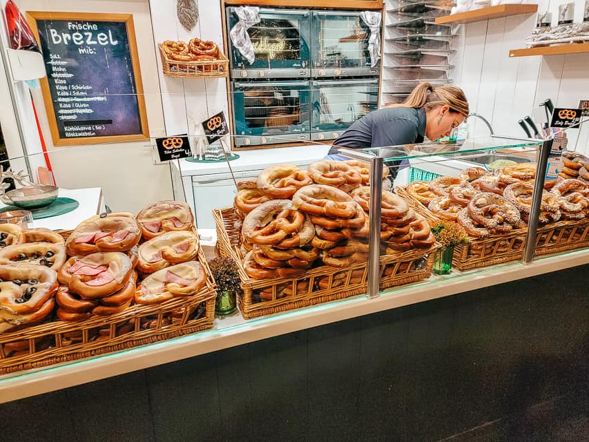 A stall selling pretzels, a traditional German food.
