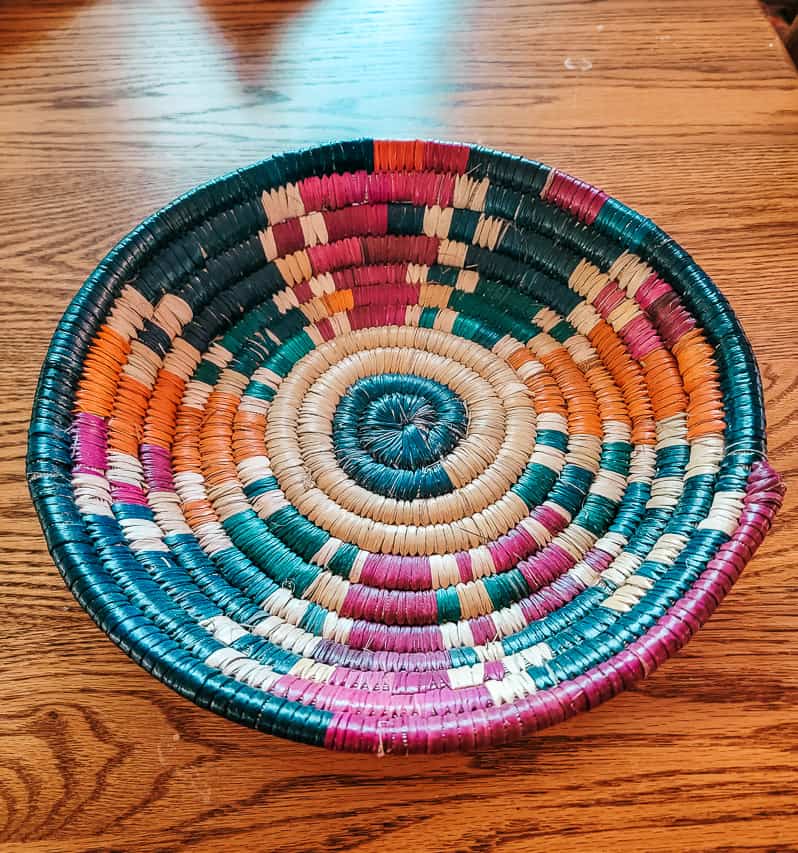 A colorful woven basket from the souks of Morocco, a great thing to buy in Morocco.
