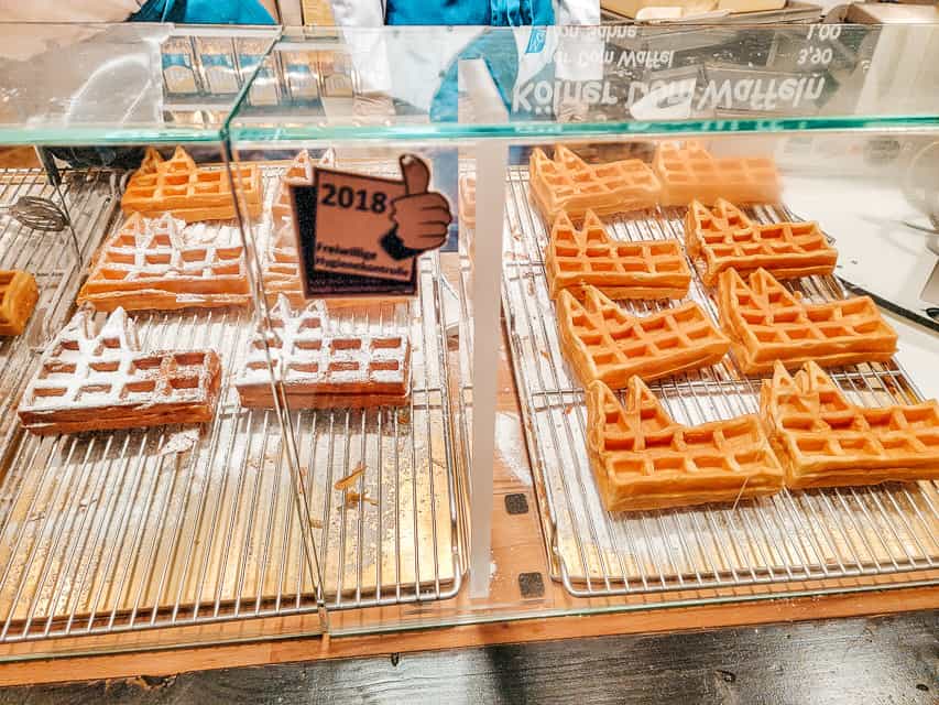 A stall in the Angel Market selling waffles shaped like the Dom Cathedral.