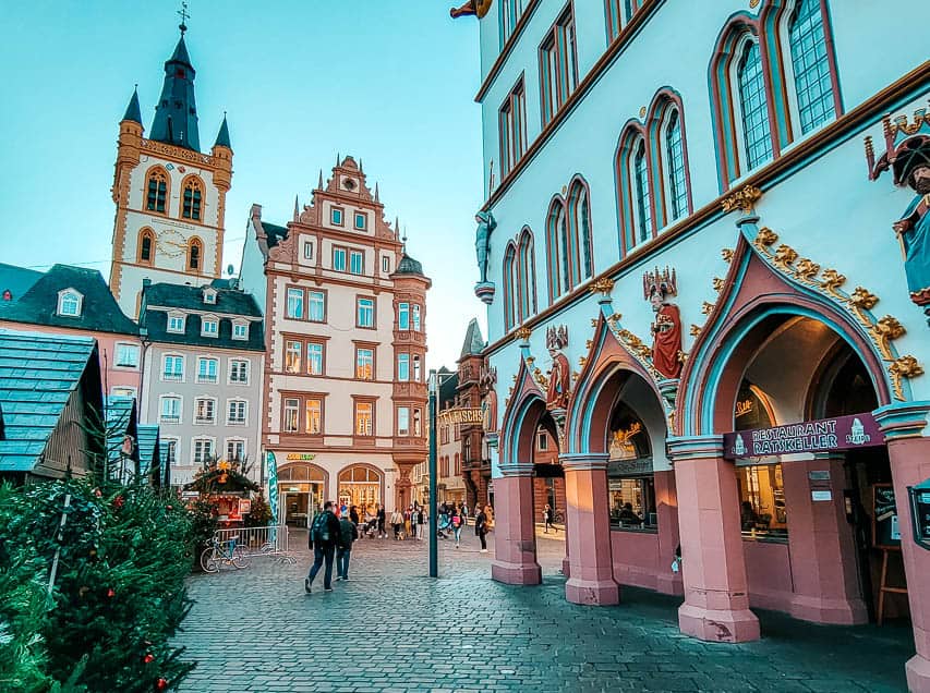 A view of the whimsical buildings of Trier, with different colorfuls, and embellished with decorations.