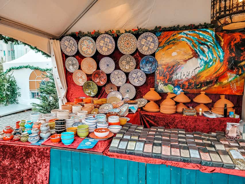 A stall selling Moroccan tagines and dishes.