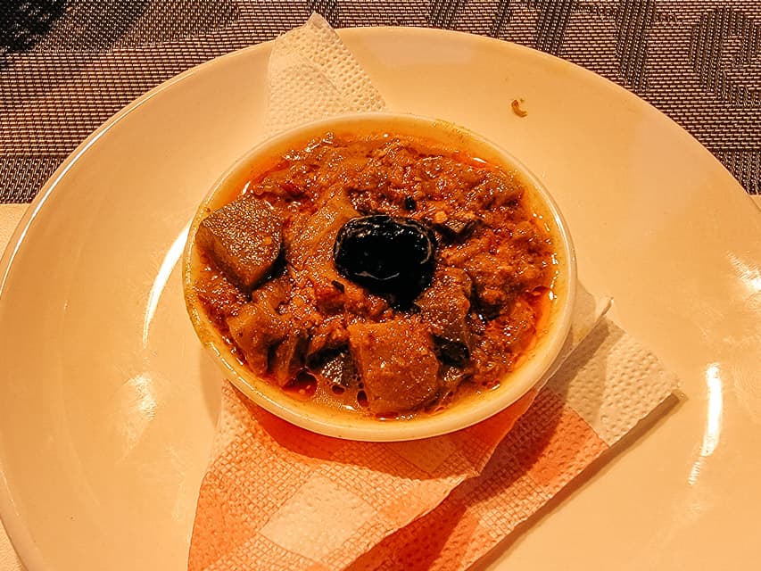 A small bowl of Zaalouk - an eggplant and tomato dish to eat in Morocco.