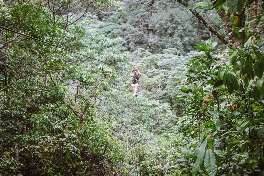 A woman in black ziplines on a cable through the rainforest.