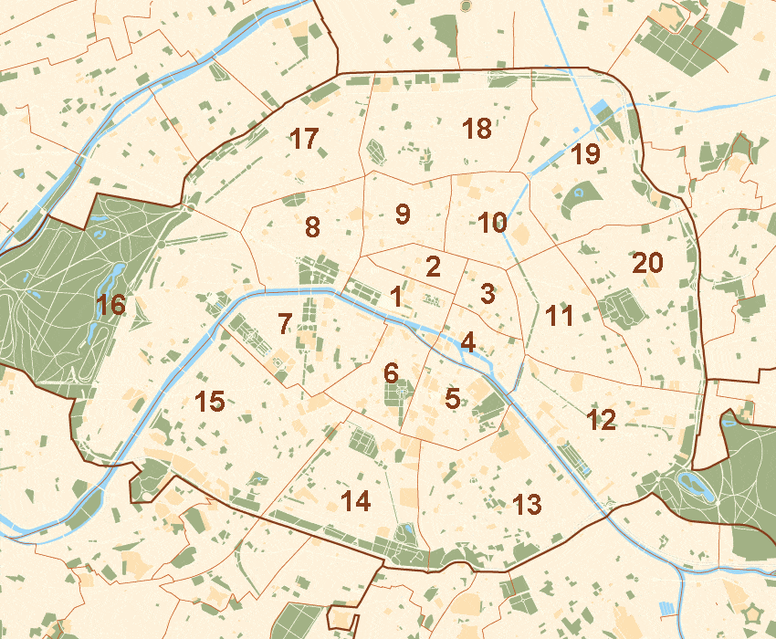 An map showing Paris broken up by arrondissements.