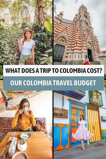 A pin image for Pinterest with four pictures: a woman standing among coffee plants, the red and white striped candy cane church, a woman drinking hot chocolate in a cafe, and a woman in a white and pink dress in front of colorful doors. The words "What Does a Trip to Colombia Cost? Our Colombia Travel Budget" is across the middle of the image.