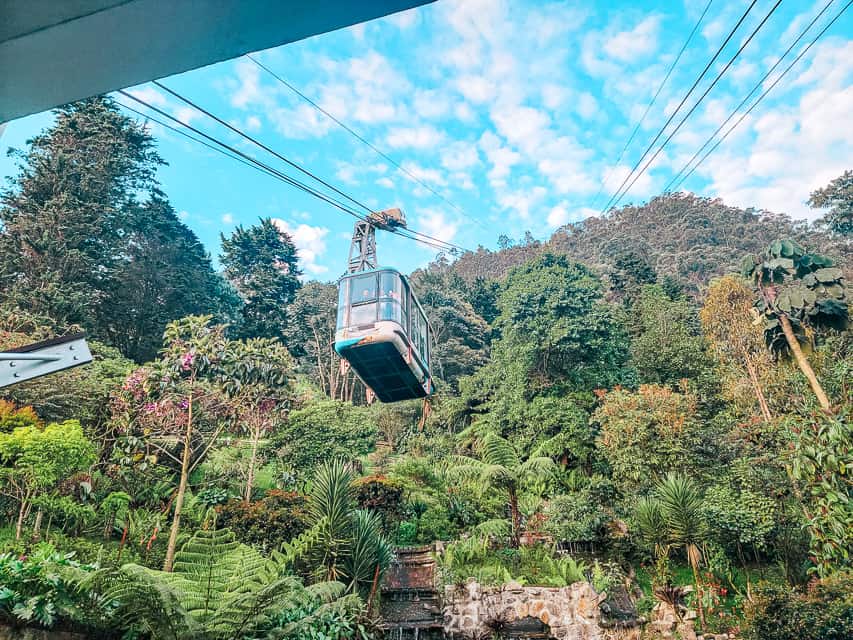 A cable car descends down the line off of the hill of Monserrate. Tons of greenery and trees cover the mountain.
