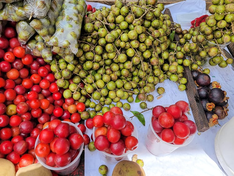 Mamoncilla (spanish limes) for sale by a street vendor. The mamoncilla are in bunches.