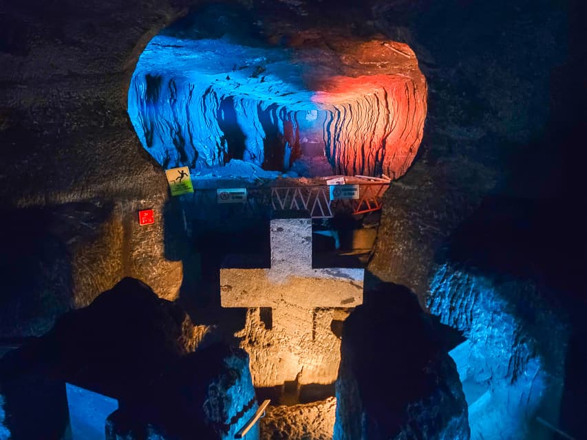 The salt cave and cathedral of Zipaquira, with a cross in front of a cave.