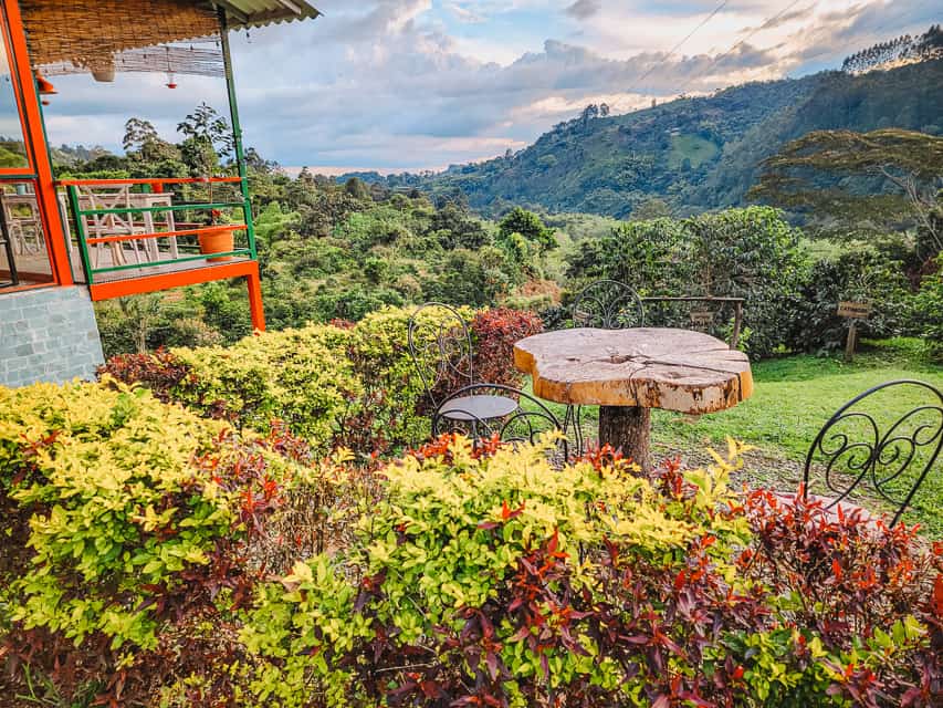 A wooden table and iron chairs are set up on the grounds of the coffee farm. you can see a deck from a nearby building. There is lush greenery all around and hills in the background.