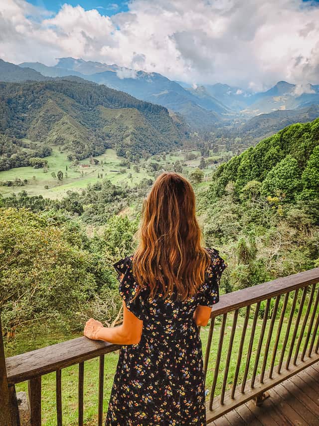 A woman in a dark dress with small flowers on it stands against a railing, looking at a lush, green valley.
