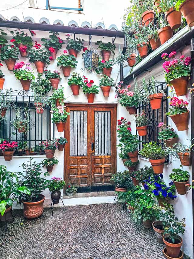 A small corner of a patio, wth brown wooden doors, wrought iron winodws, and brown flower pots filled with geraniums.