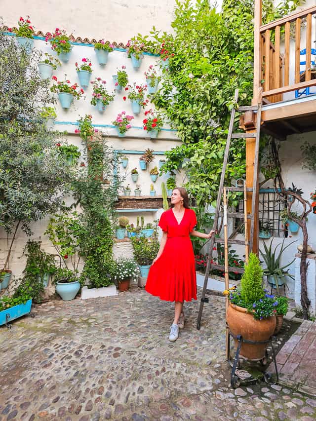 A woman in a red dress stands in the middle of a courtyard, holding onto a ladder, with greenery and flower pots all around her.