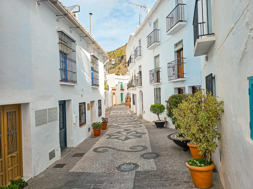 An alley with lots of white buildings and plants with black and white cobblestone designs on the ground.