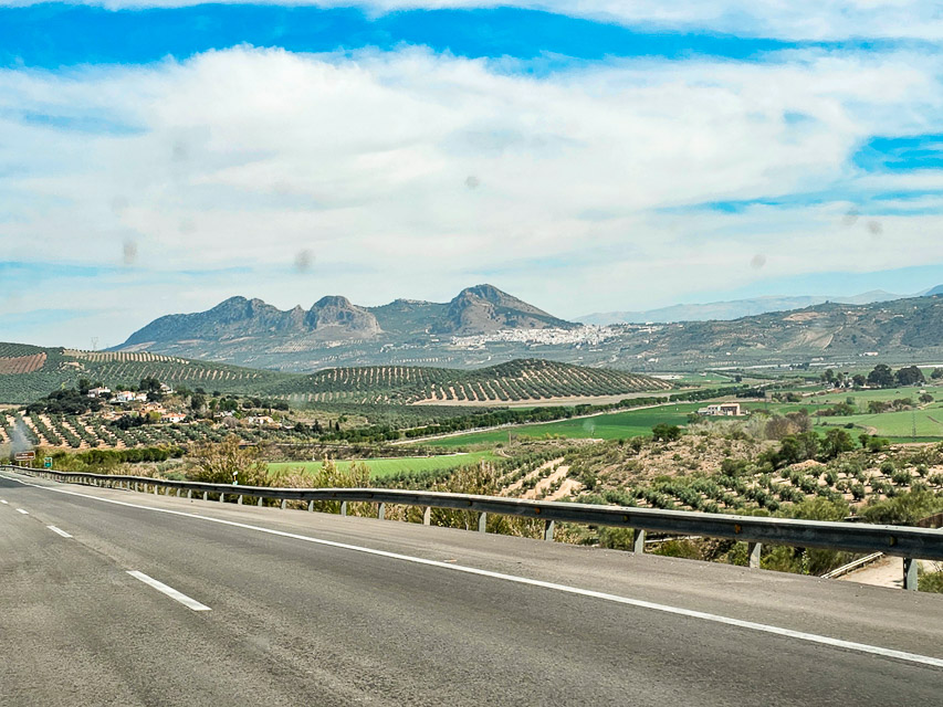 A road heading through the Spanish countryside. Olive trees dominate the nearby Andalusian hills with small mountains in the distance.