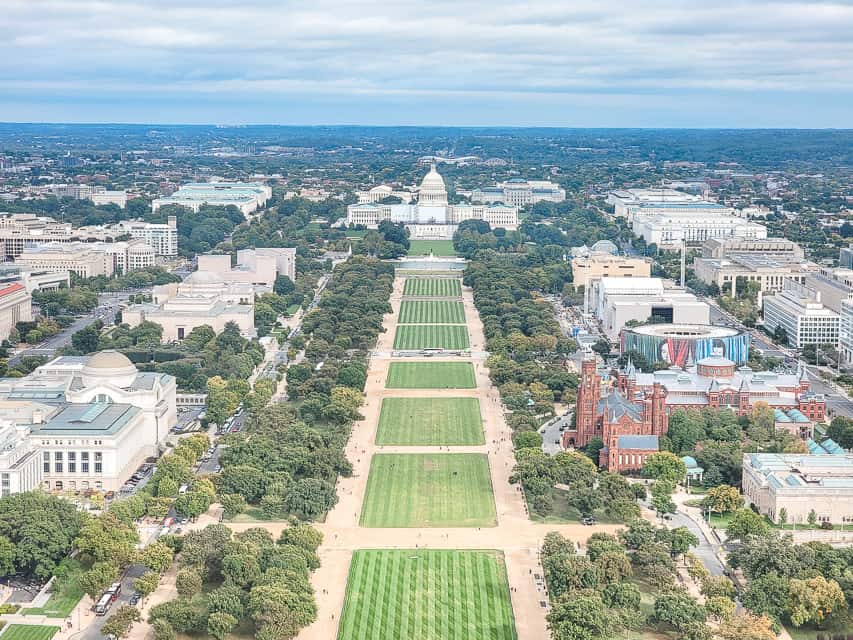 The National Mall stretches toward the US Capitol in this high shot from the Washington Monument.
