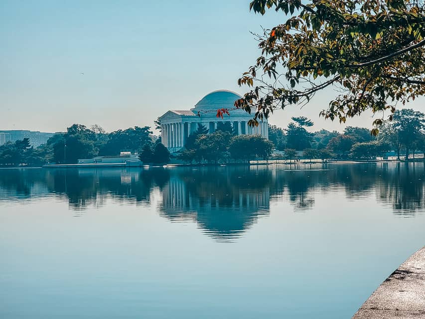 View of the Jefferson building across a lake.