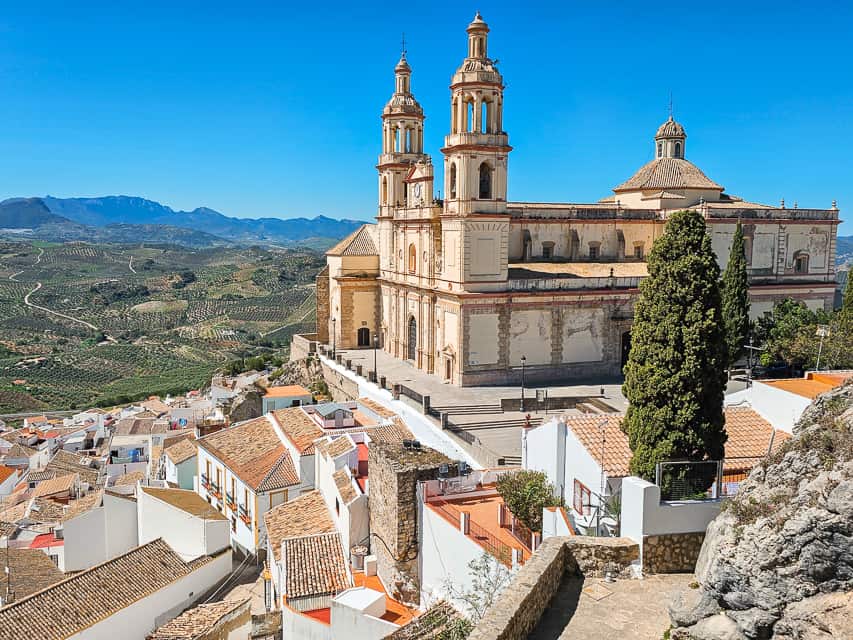 View of the cathedral with countryside behind it.
