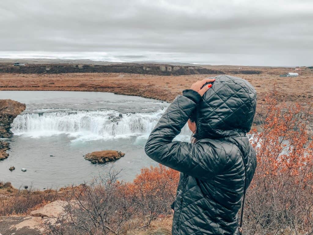 A wide waterfall crashes down with red flowers around with a woman standing in the them looking at the water.