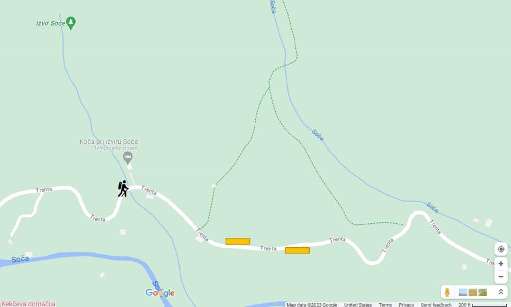 A map of the trailhead and parking for the source of the Soca. Parking lots are marked in yellow.