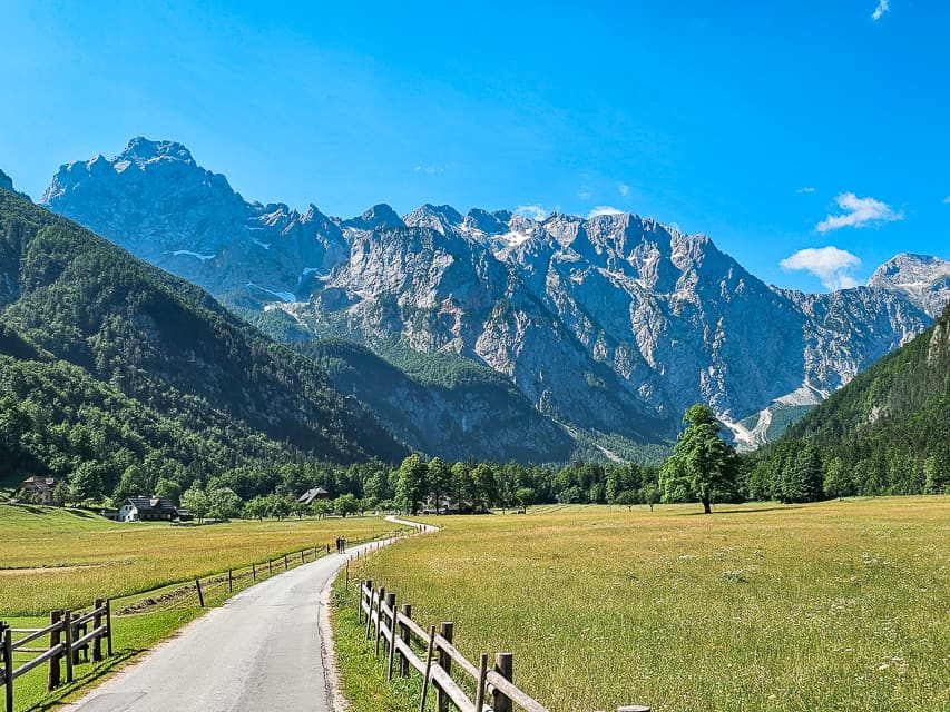 A beautiful field with a road cutting through it, with trees and mountains in the background in the Logar Valley.
