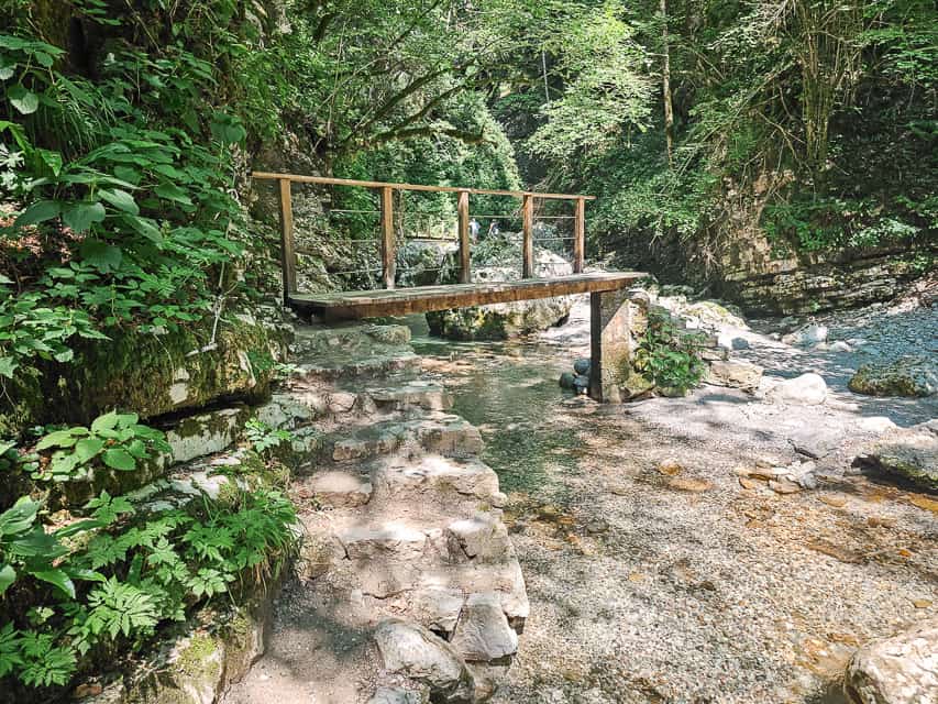 A stone staircase leads to a small wood bridge leading across a small stream and then continuing down the trail.