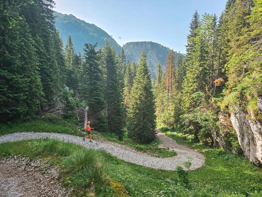 A woman in a pink tank top walks down the rock path curving around pine trees on the Lake Krn trail.