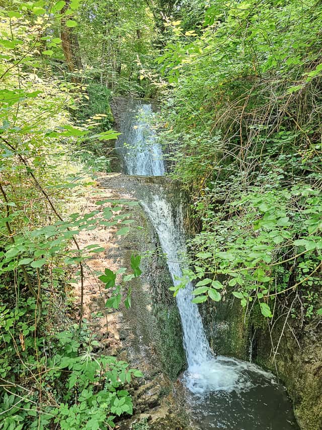 A tall waterfall cascades down into a pool, with greenery all around it.