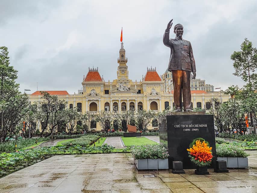 A state of the president during the Vietnam War with the yellow postal station in the background.