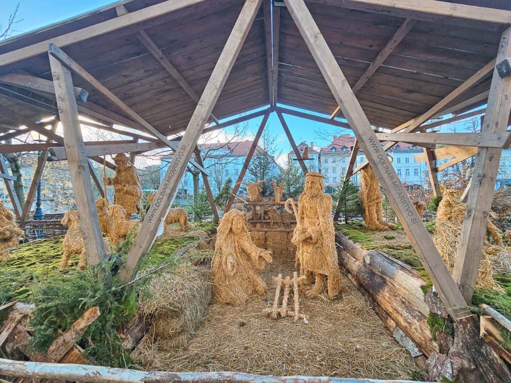 A 3ft figure made out of hay depicting Mary and Joseph