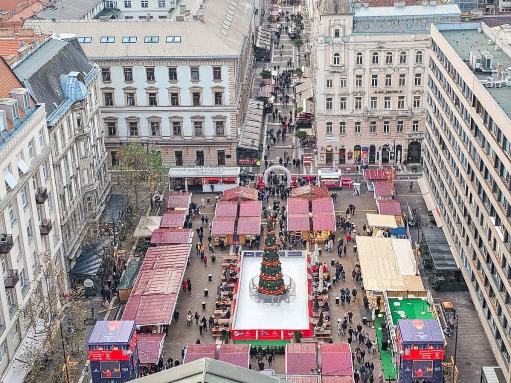 The aerial view of the Budapest market inside the square of buildings.